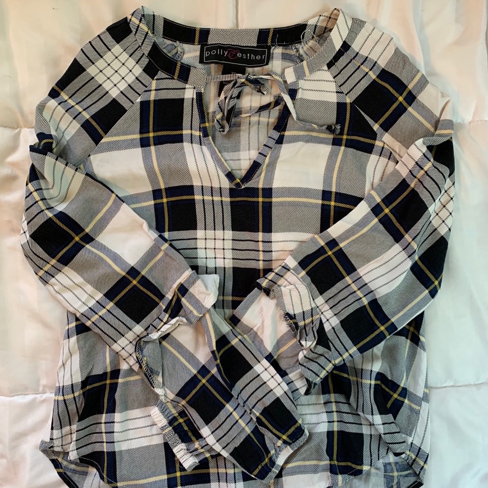 Plaid Dress Shirt With Tie and Sleeve Detail